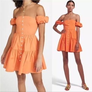 ❤️ STAUD Elio Off-the-Shoulder Tiered Mini Dress In Nectarine Orange Size 8